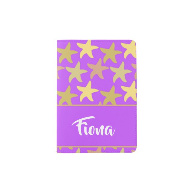Colorful starfish on purple passport holder (Front)