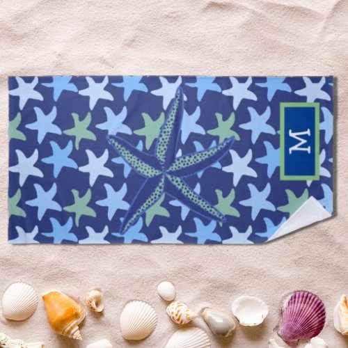 Colorful Starfish Seamless Pattern Monogram  Beach Towel