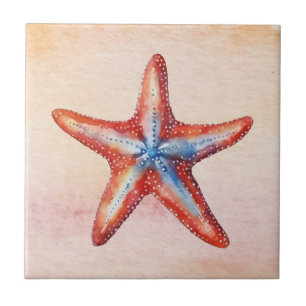 Colorful starfish watercolor artwork Pink Blue Ceramic Tile