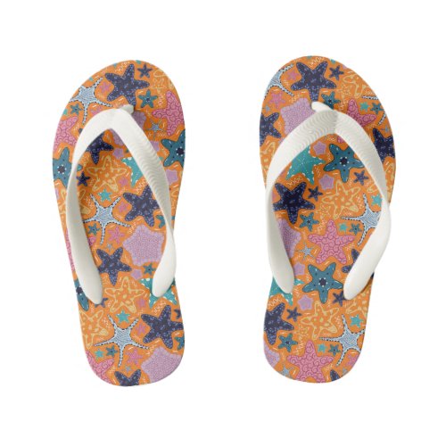 Colorful Starfishes with orange color background Kids Flip Flops