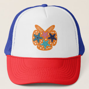 Colorful Starfishes with orange color background. Trucker Hat