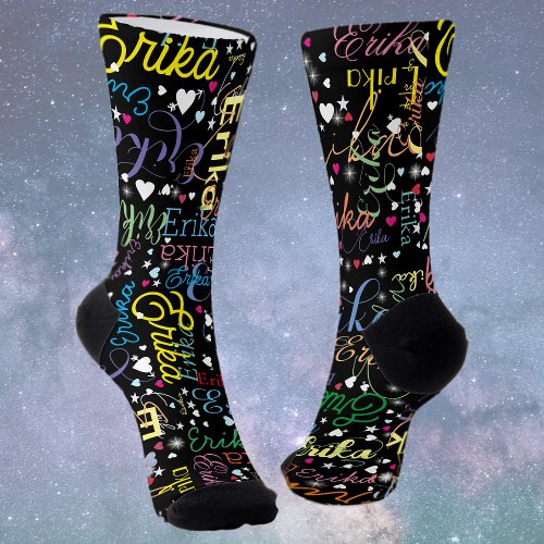 Colorful Starry Affection Black full of Hearts  Socks