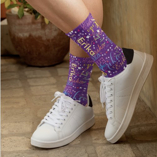 Colorful Starry Affection purple full of hearts  Socks