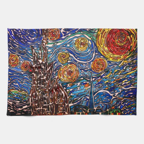 Colorful Starry Night Illustration Kitchen Towel