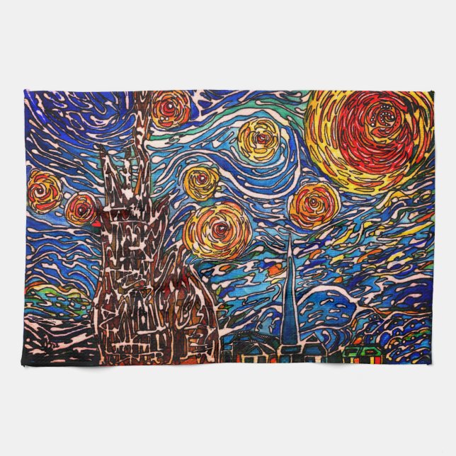 Colorful Starry Night Illustration Kitchen Towel (Horizontal)