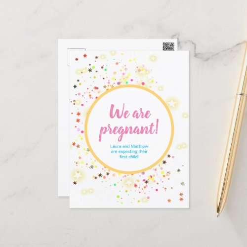 Colorful Stars and Confetti Pregnancy Announcement Postcard