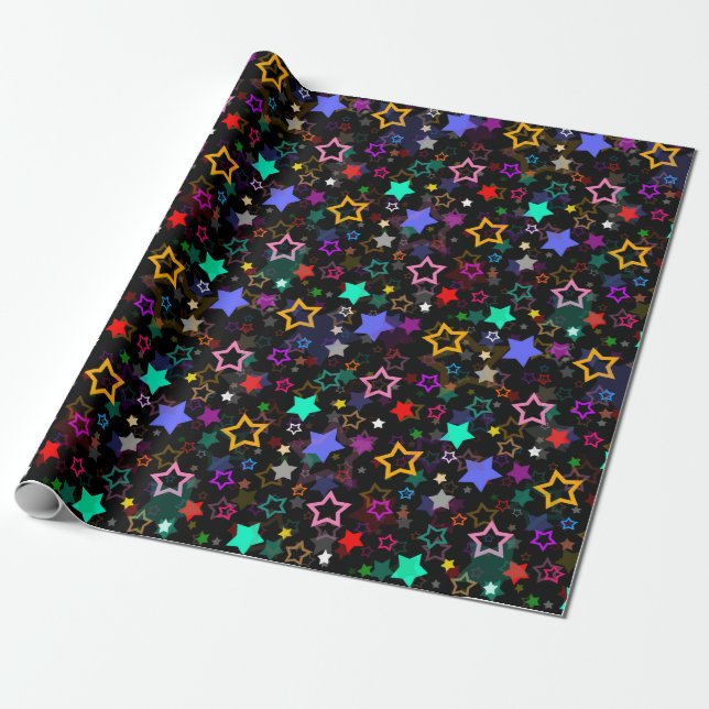 Colorful Stars Black  Wrapping Paper (Unrolled)