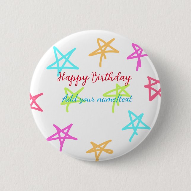 Colorful stars happy birthday add name text simple button (Front)
