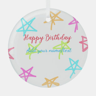 Colorful stars happy birthday add name text simple glass ornament