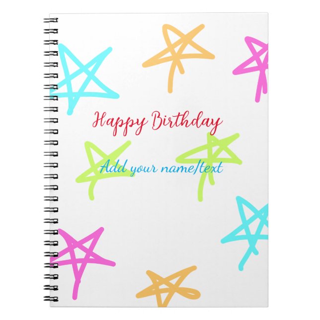Colorful stars happy birthday add name text simple notebook (Front)