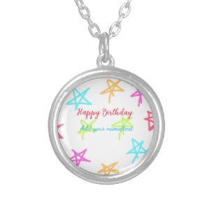 Colorful stars happy birthday add name text simple silver plated necklace