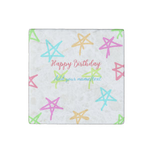 Colorful stars happy birthday add name text simple stone magnet