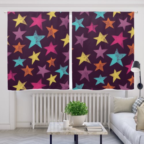 Colorful Stars on Dark Purple Patterned Blackout Curtains