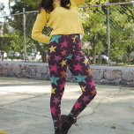Colorful Stars on Dark Purple Patterned Leggings<br><div class="desc">Bright and bold painted style illustrations of stars in lilac purple,  bright turquoise blue,  yellow,  magenta pink and orange are set against a dark purple background on these patterned leggings.</div>