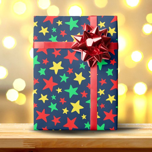 Colorful Stars on Navy Blue Background Wrapping Paper