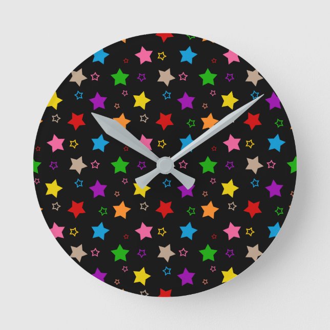 Colorful Stars Pattern Design Black  Round Clock (Front)