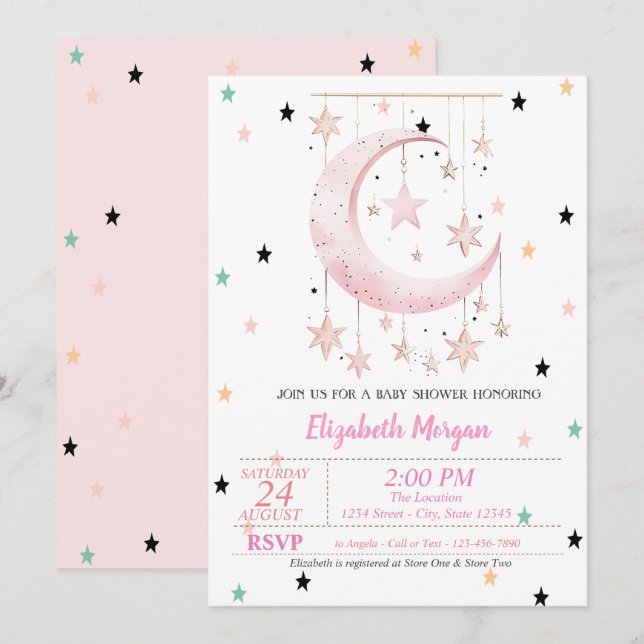Colorful Stars Pink Moon Baby Shower   Invitation (Front/Back)