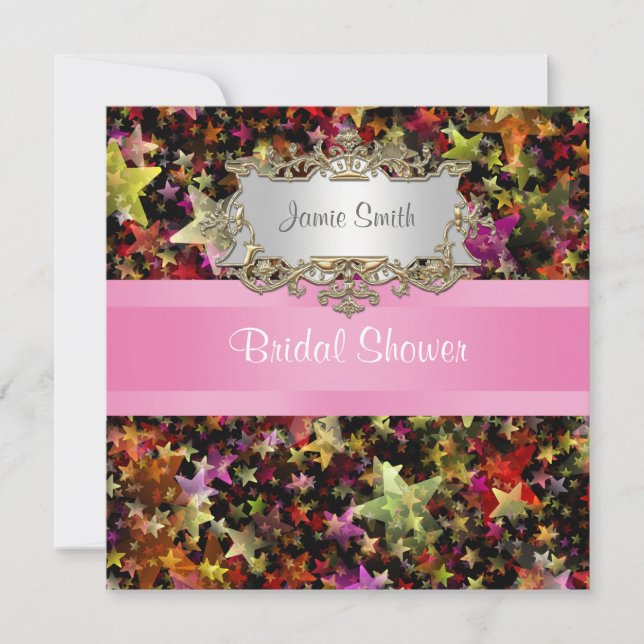 Colorful Stars Pink Ribbon  Bridal Shower Invite (Front)