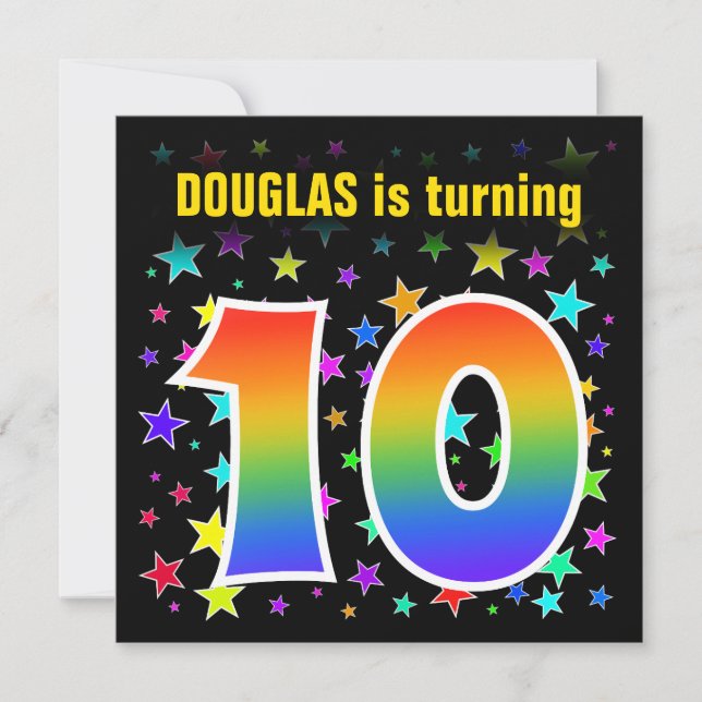 Colorful Stars + Rainbow Pattern "10" Birthday # Invitation (Front)