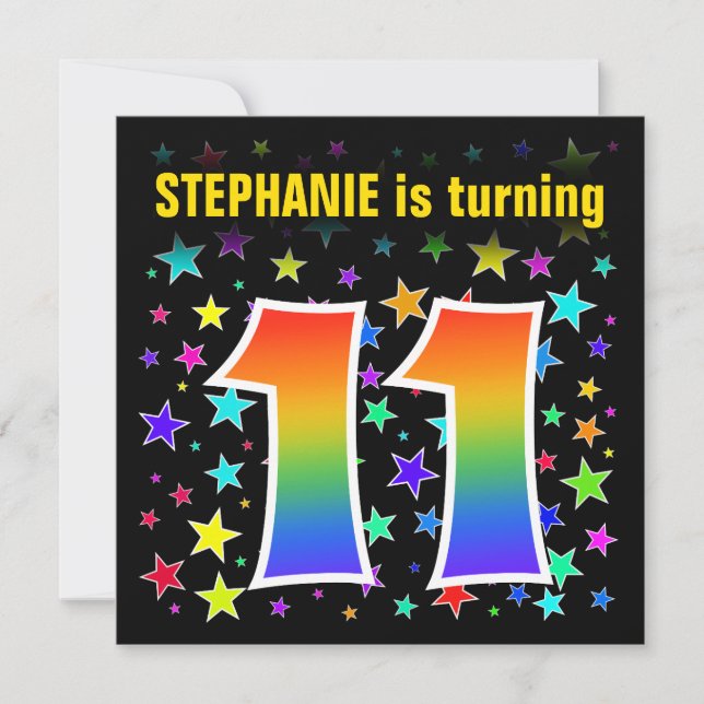Colorful Stars + Rainbow Pattern "11" Birthday # Invitation (Front)