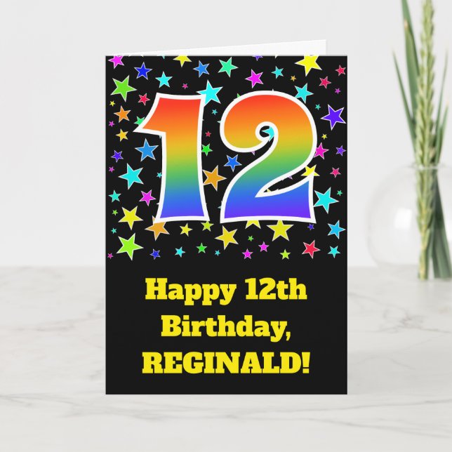 Colorful Stars + Rainbow Pattern "12" Birthday # Card (Front)