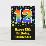 [ Thumbnail: Colorful Stars + Rainbow Pattern "12" Birthday # Card ]