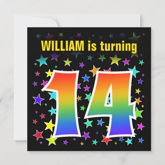 Colorful Stars + Rainbow Pattern "14" Birthday # Invitation (Front)