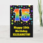 [ Thumbnail: Colorful Stars + Rainbow Pattern "15" Birthday # Card ]
