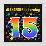 [ Thumbnail: Colorful Stars + Rainbow Pattern "15" Birthday # Invitation ]