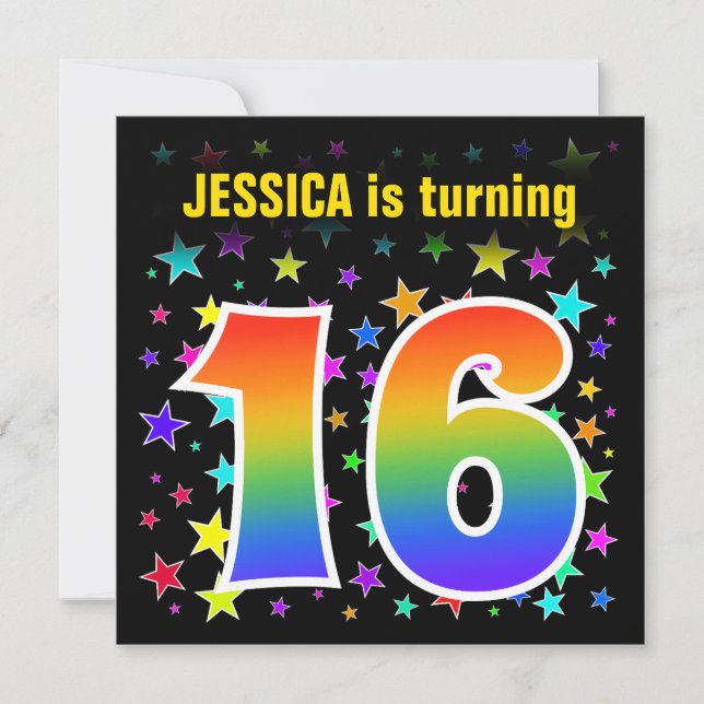 Colorful Stars + Rainbow Pattern "16" Birthday # Invitation (Front)