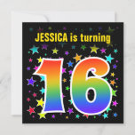 [ Thumbnail: Colorful Stars + Rainbow Pattern "16" Birthday # Invitation ]