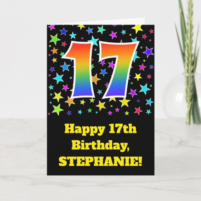 Colorful Stars + Rainbow Pattern "17" Birthday # Card (Front)