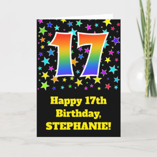 Colorful Stars + Rainbow Pattern "17" Birthday # Card