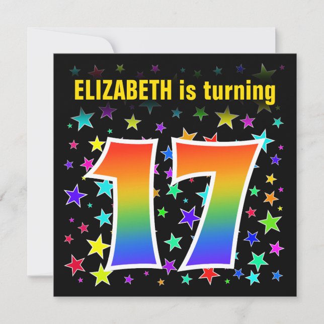Colorful Stars + Rainbow Pattern "17" Birthday # Invitation (Front)