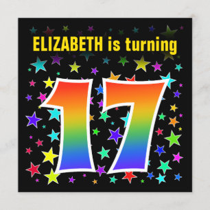 Colorful Stars + Rainbow Pattern "17" Birthday # Invitation