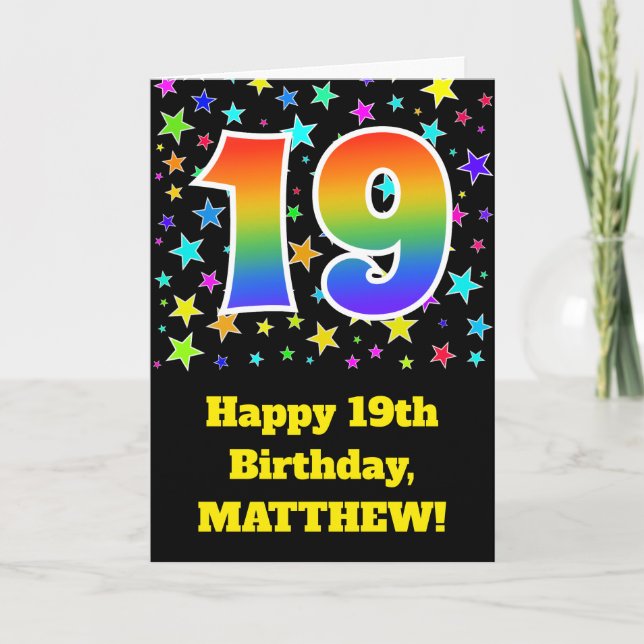 Colorful Stars + Rainbow Pattern "19" Birthday # Card (Front)