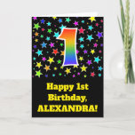 [ Thumbnail: Colorful Stars + Rainbow Pattern "1" Birthday # Card ]