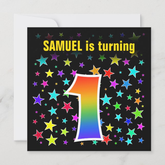 Colorful Stars + Rainbow Pattern "1" Birthday # Invitation (Front)