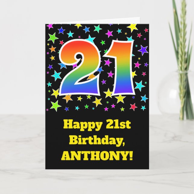 Colorful Stars + Rainbow Pattern "21" Birthday # Card (Front)