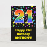 [ Thumbnail: Colorful Stars + Rainbow Pattern "21" Birthday # Card ]