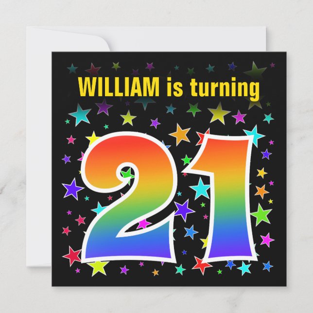 Colorful Stars + Rainbow Pattern "21" Birthday # Invitation (Front)