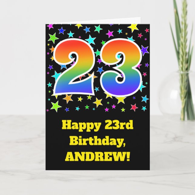 Colorful Stars + Rainbow Pattern "23" Birthday # Card (Front)