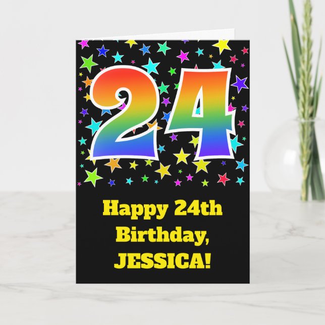Colorful Stars + Rainbow Pattern "24" Birthday # Card (Front)