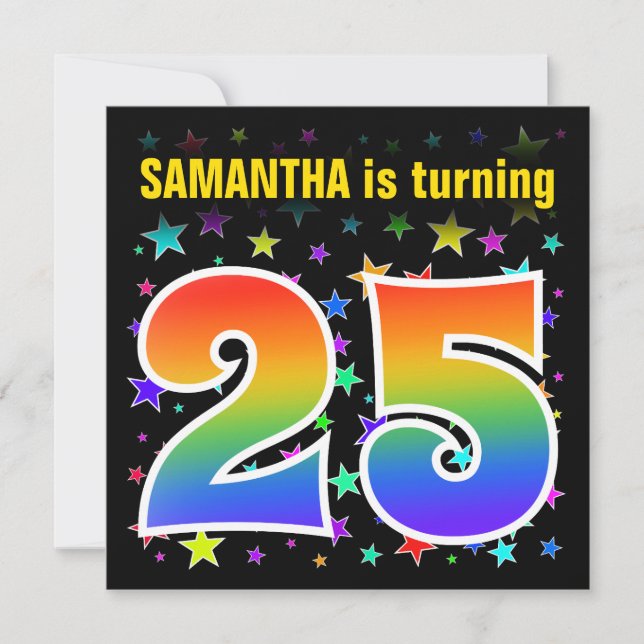 Colorful Stars + Rainbow Pattern "25" Birthday # Invitation (Front)