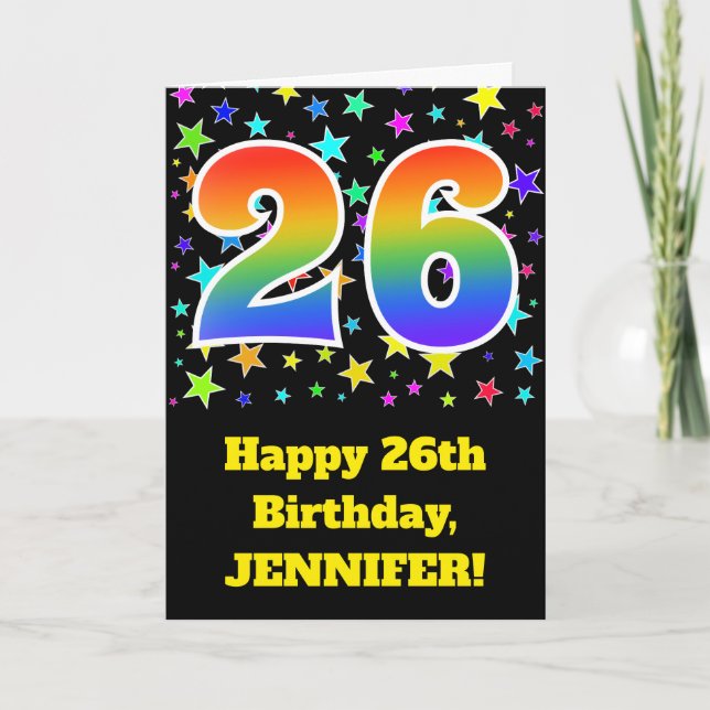 Colorful Stars + Rainbow Pattern "26" Birthday # Card (Front)
