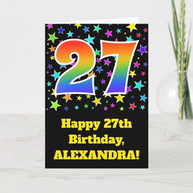 Colorful Stars + Rainbow Pattern "27" Birthday # Card (Front)