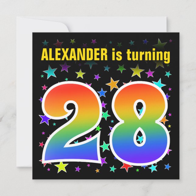 Colorful Stars + Rainbow Pattern "28" Birthday # Invitation (Front)