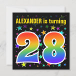 [ Thumbnail: Colorful Stars + Rainbow Pattern "28" Birthday # Invitation ]