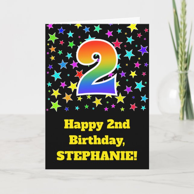 Colorful Stars + Rainbow Pattern "2" Birthday # Card (Front)