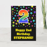 [ Thumbnail: Colorful Stars + Rainbow Pattern "2" Birthday # Card ]